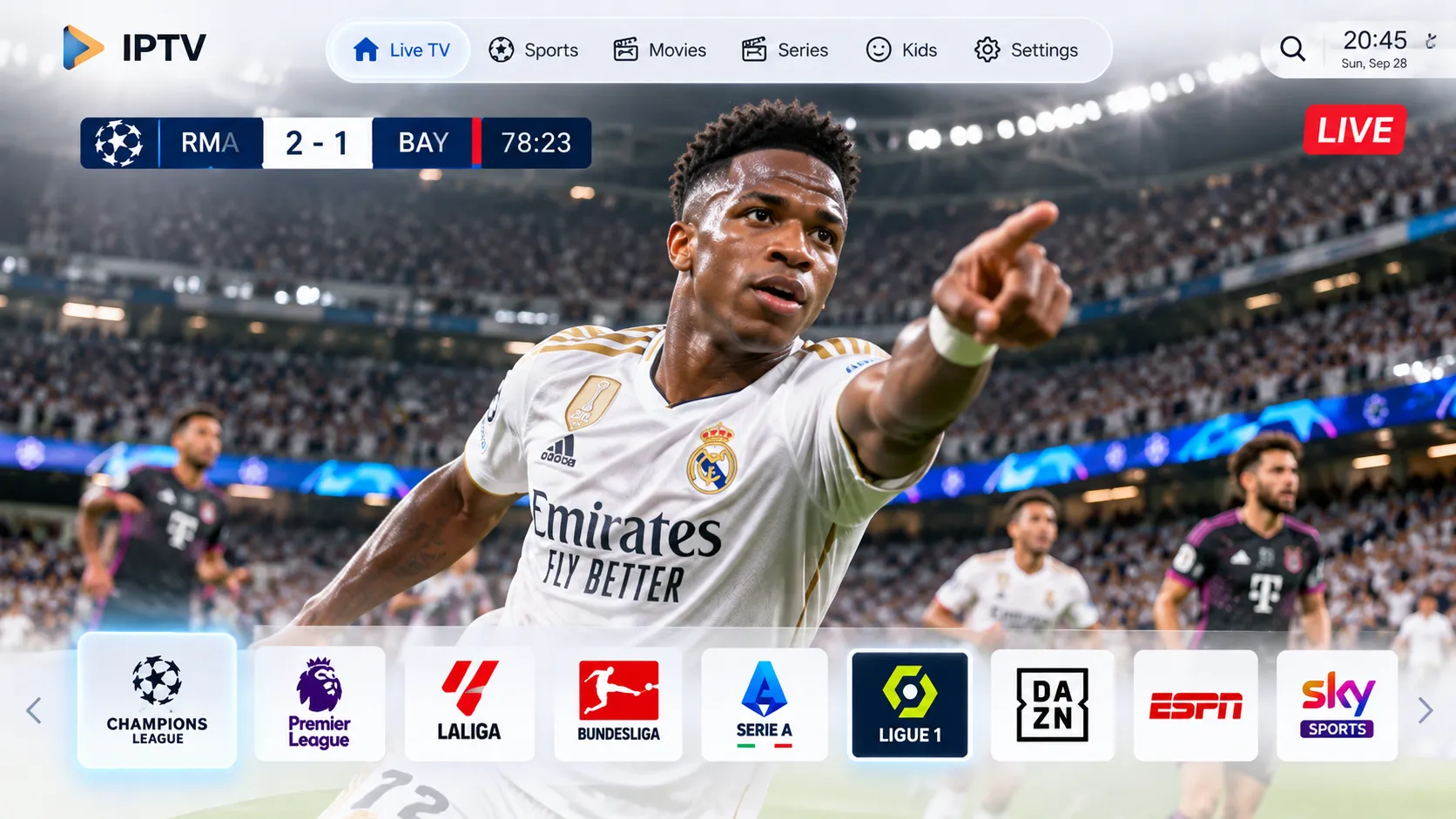 Übersicht verschiedener Geräte für IPTV: Smart TV, Smartphone, Computer und Streaming-Box