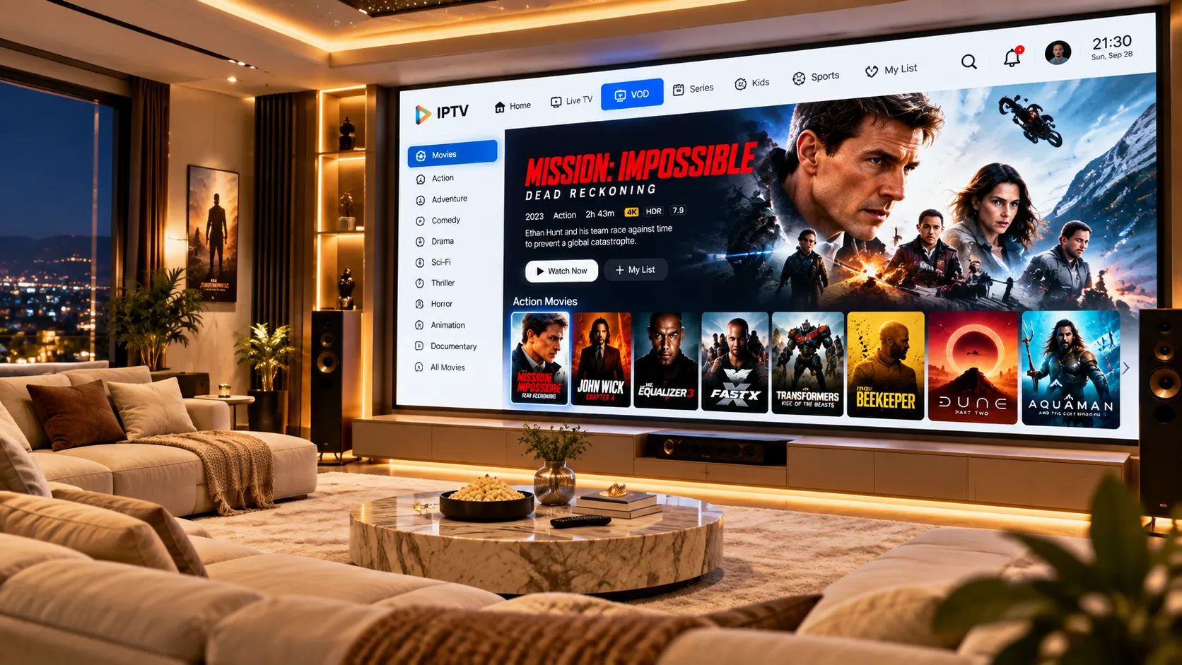 Apple TV Gerät mit Fernseher und Streaming-Menü